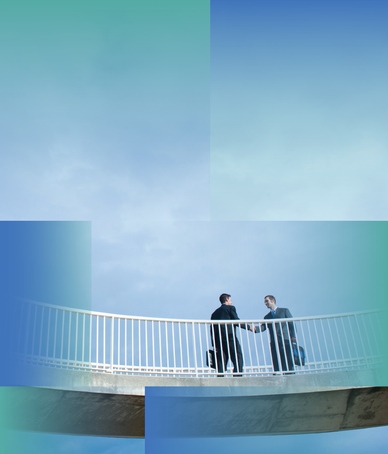 Two men shaking hands on a skybridge
